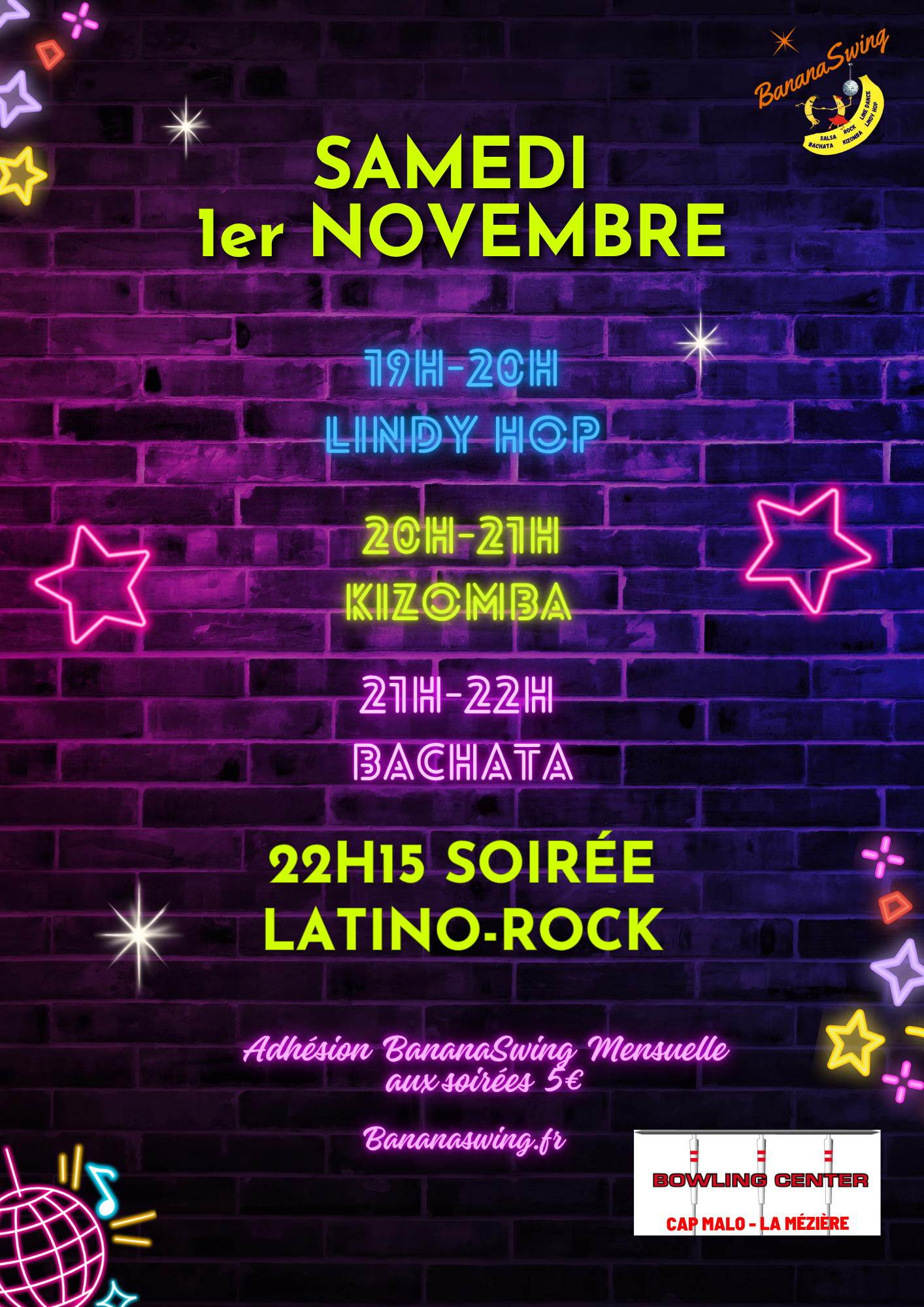 Lindy hop, Kizomba et Bachata + Soirée Latino-Rock au Bowling Cap Malo