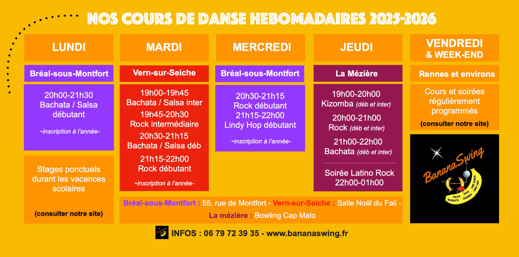 Nos cours de danse hebdomadaires 2025-2026
