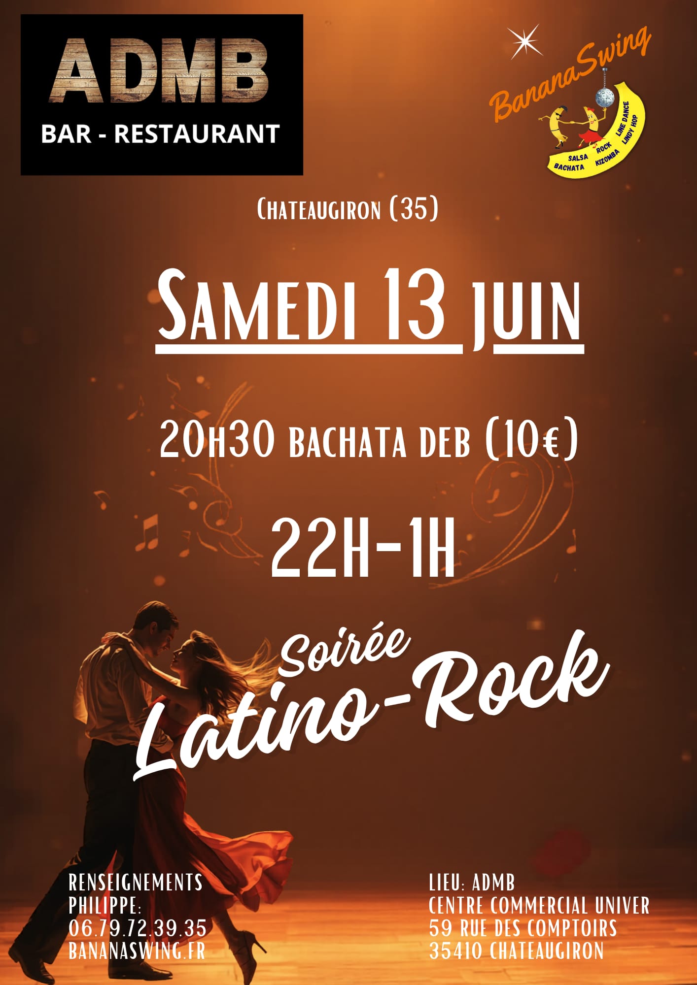 Stage de Bachata + Soirée 70% SBK + 30% Rock à l'ADMB à Châteaugiron