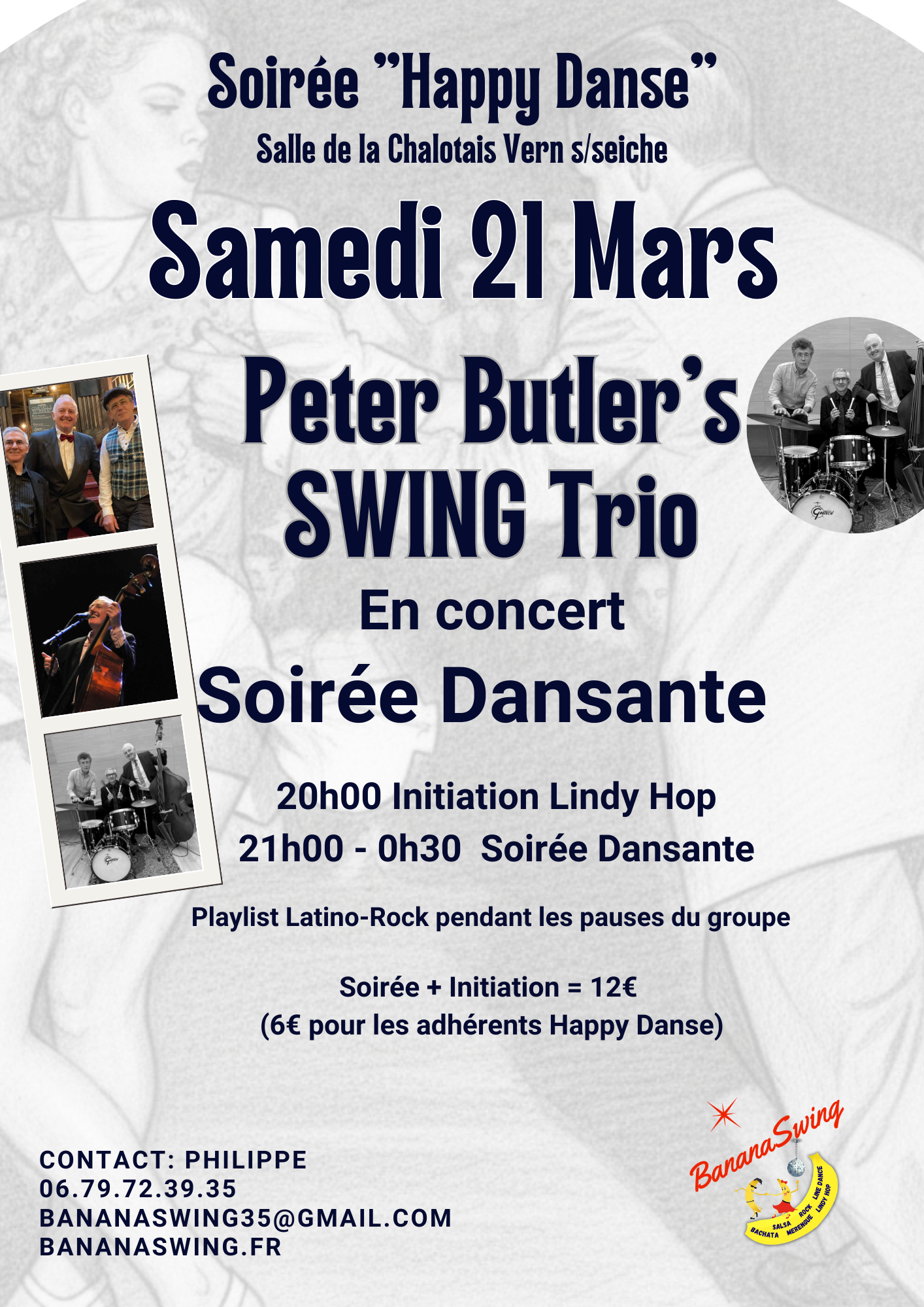 Initiation lindy hop & Soirée-Concert avec "Peter Butler's Swing Trio", salle de la Chalotais à Vern/Seiche