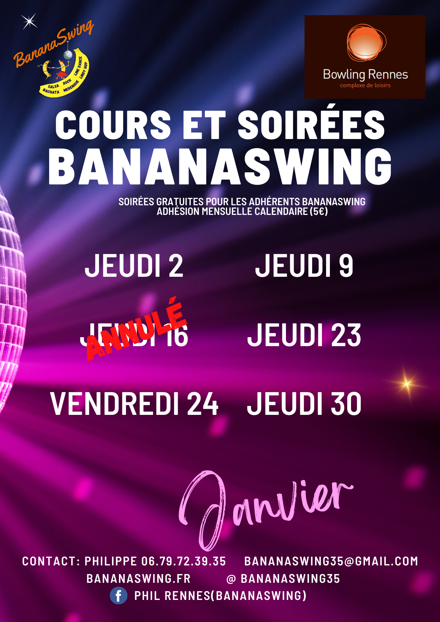 Cours et soirée annulés